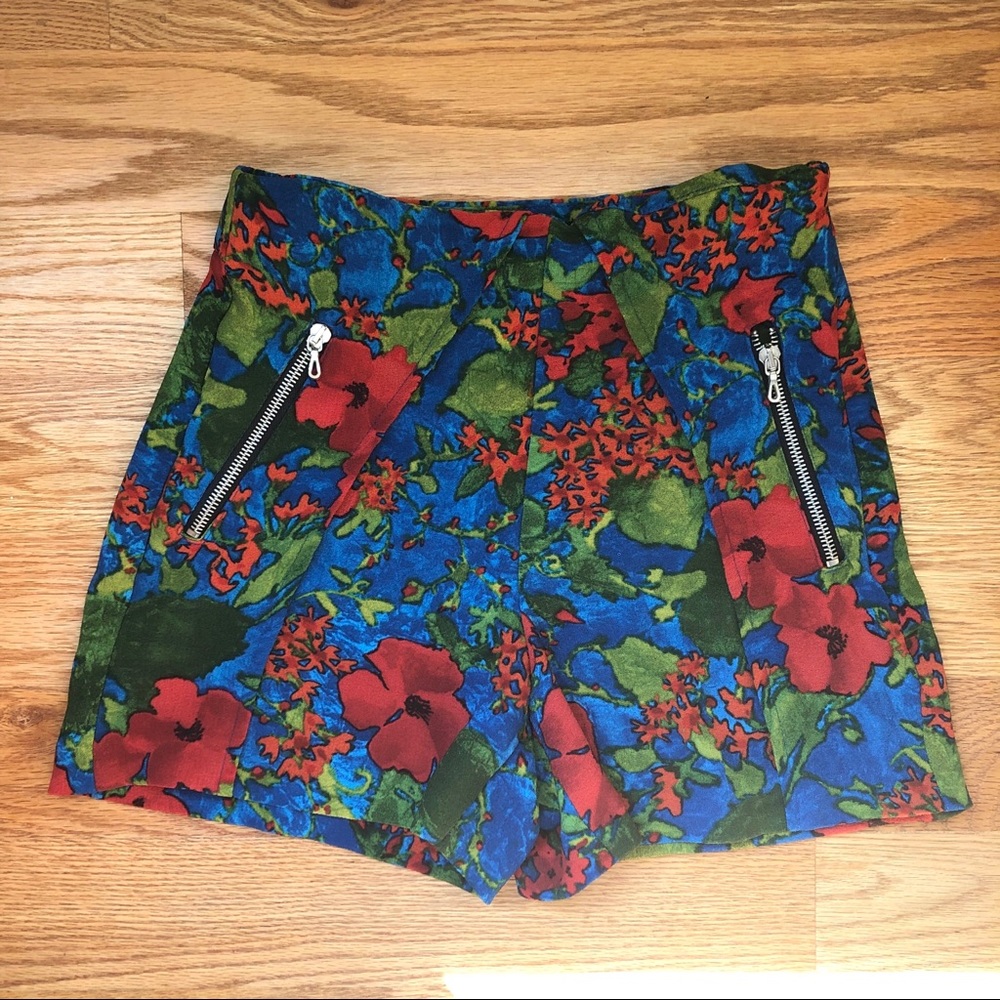Zara Floral High Waisted Shorts with Zipper Detail
